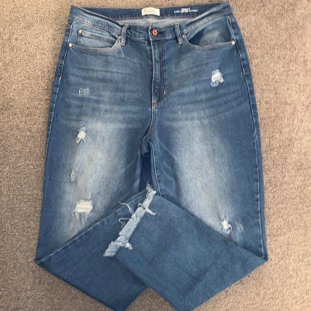 Nicole Miller Women 14 Jeans Denim Super High Rise Straight Fringe Distressed